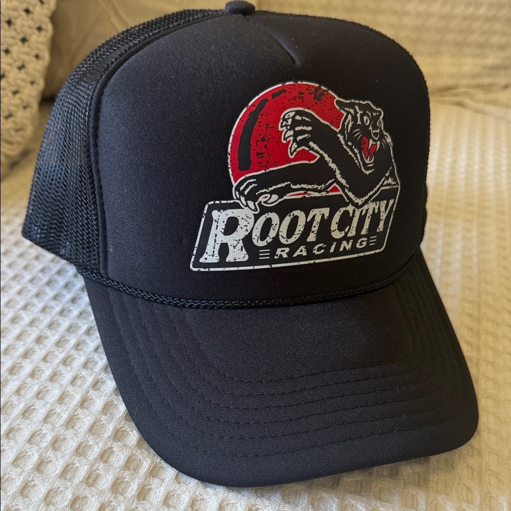 OTTO Black Root City Racing Trucker Hat with Red Logo